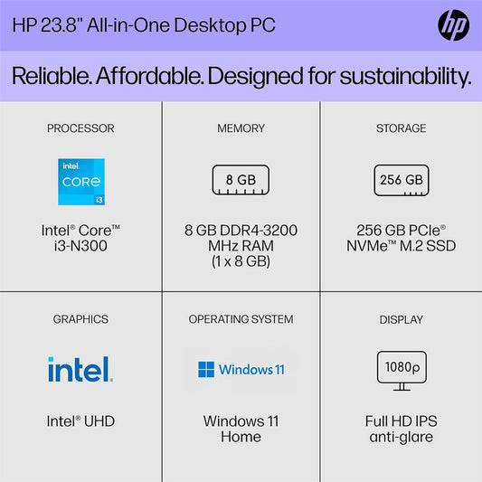 HP 24-cr0030 23.8" Full HD All-In-One Desktop Computer, Intel Core i3-N300 1.8GHz, 8GB RAM, 256GB SSD, Windows 11 Home, Jet Black